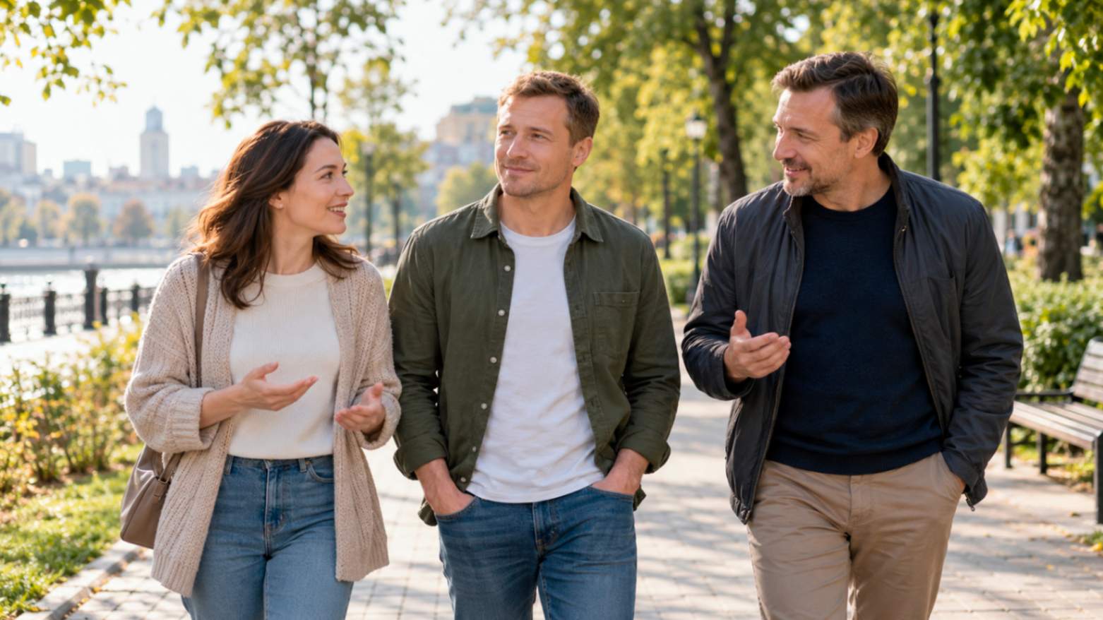 Мужчина общается с близкими во время прогулки в парке — поддержка и возвращение к социальной жизни после реабилитации.