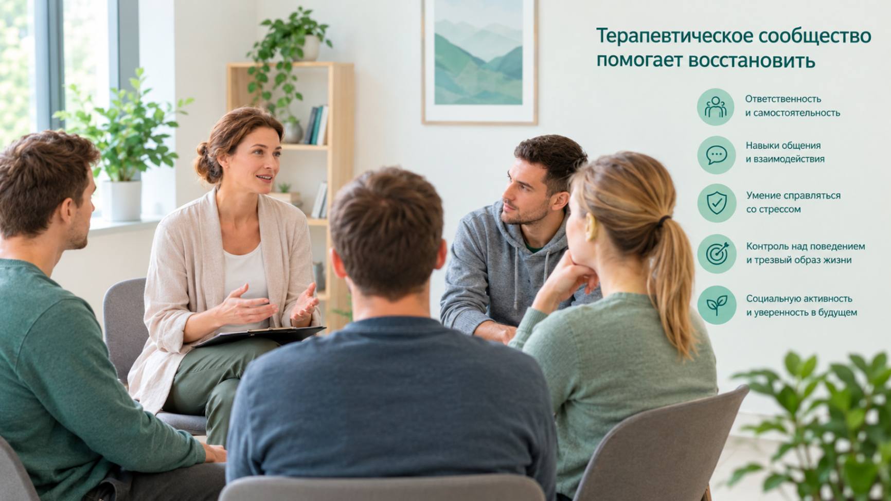Терапевтическое сообщество при реабилитации от зависимости — групповая психотерапия, развитие социальных навыков и поддержка участников.
